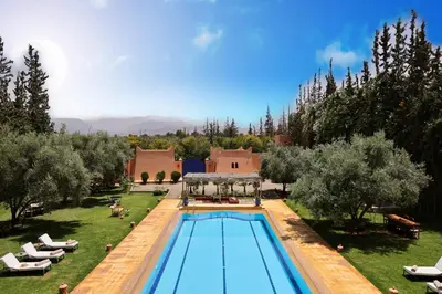 an overhead view of a swimming pool with chairs and trees at Tiguemine Sarah in Marrakech