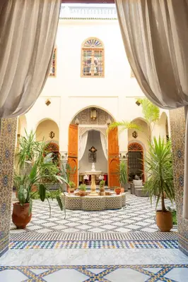 a large courtyard with plants in a building at Riad Al Ansari in Fès