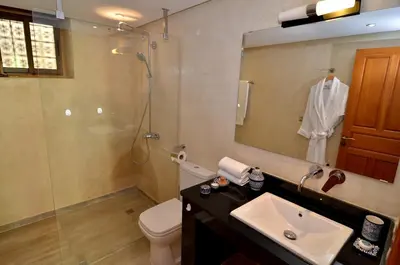 a bathroom with a toilet and a sink and a shower at Riad Al Ansari in Fès