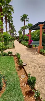 a path in a park with benches and palm trees at Villa Fatima in Meknès