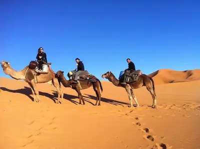 a group of people riding horses in the desert at Sahara Bedouin camp in Mhamid