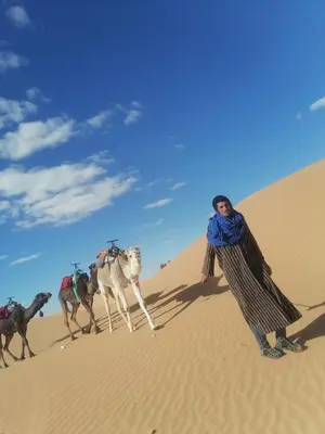 a woman standing in the desert with a group of camels at Nomad Camp Merzouga in Merzouga
