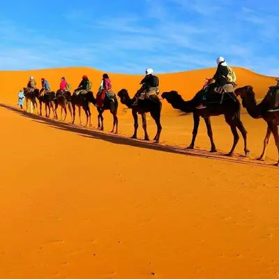 a group of people riding horses in the desert at Merzouga Quiet apart &camels trecking in Merzouga