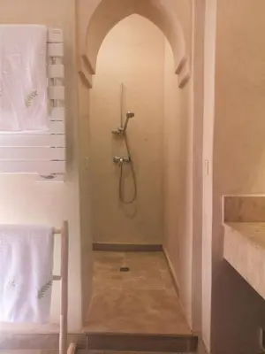a walk in shower in a bathroom with an archway at Domaine Casa Cecilia in Marrakech