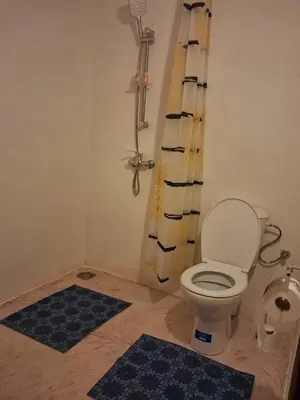 a bathroom with a toilet and a shower curtain at kasbah Dar Bahnini in Skoura