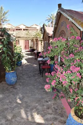 a patio with pink flowers and tables and chairs at Prends Ton Temps in Zagora