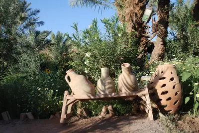 a group of vases sitting on a bench in a garden at Paradise in the southern desert Morocco in Tamegroute