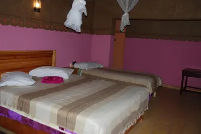 two beds in a room with pink and purple walls at Paradise in the southern desert Morocco in Tamegroute