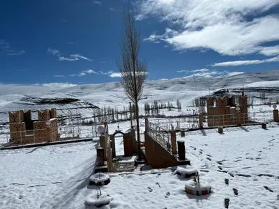 a snow covered field with a fence and a tree at Auberge & Restaurant Agoudal in Agoudal