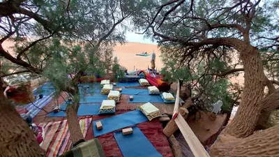 an aerial view of a beach with blue chairs and trees at Tamaris Camp in Hassilabied