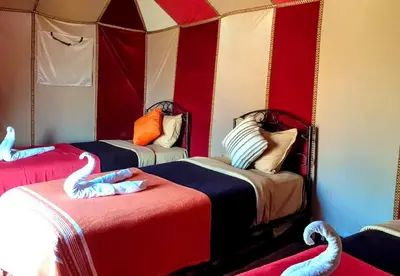 two beds in a room with swans on them at Desert Romantic Camp in Merzouga