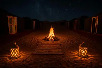 a fire pit in the middle of the desert at night at Ame camp in Merzouga