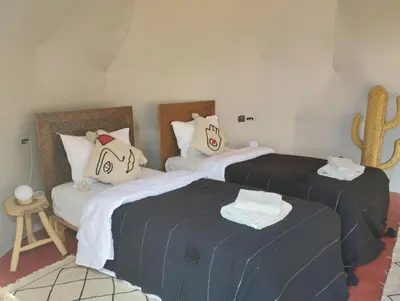 a room with two beds and a cactus at Tatooine Stars Camp in Merzouga