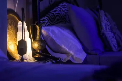 a bedroom with a bed with purple pillows and a lamp at riad lala fatima in Ouzoud