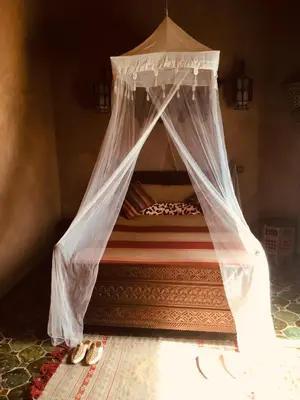 a bed with a canopy with shoes on the floor at Le Sauvage Noble in Tissergat