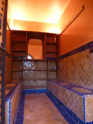 an empty room with tiles on the walls and shelves at Le Sauvage Noble in Tissergat