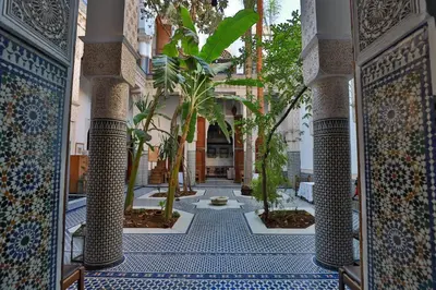a hallway with palm trees in a building at RIAD LOUDAYA AND SPA in Fès