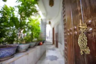 a close up of a wooden door with potted plants at Riad Fez Mahal in Fès