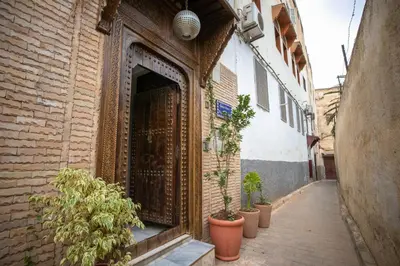 an entrance to a building with a gate and potted plants at Riad Fez Mahal in Fès