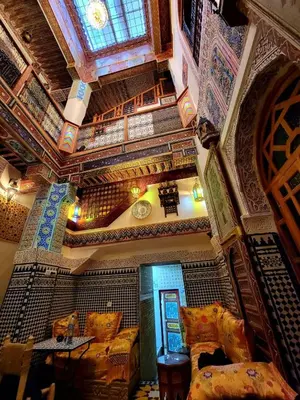 an overhead view of a room with furniture and a ceiling at Palais Fes Yahya - family hosting in Fès al Bali
