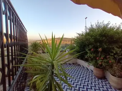 a balcony with potted plants and a fence at Dar Ben Daoud avec piscine et terrasse privee in Fès