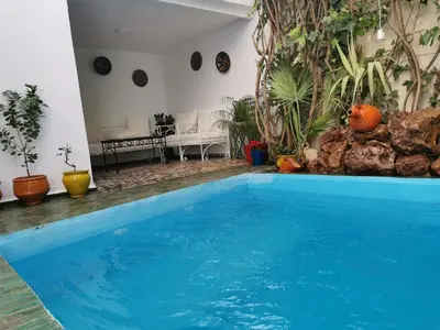 a large blue swimming pool in a room with plants at Dar Ben Daoud avec piscine et terrasse privee in Fès