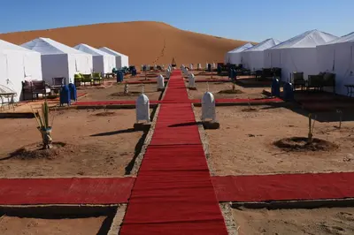 a red carpeted road in the middle of a desert at Luxury Berber Camp in El Gouera