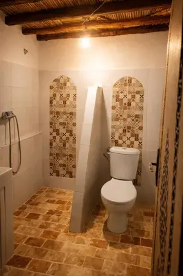 a bathroom with a white toilet and a shower at Chez aubazine in Merzouga