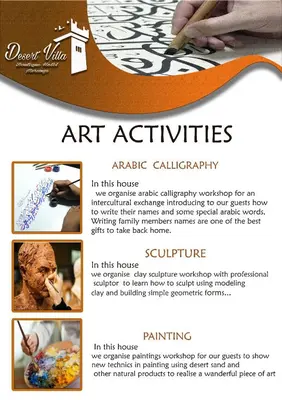 a flyer for an art exhibit with a collage of pictures at Desert Villa Boutique Hotel Merzouga in Merzouga