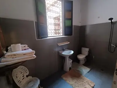a bathroom with a sink and a toilet and a window at suite in a XVIIIe palace in Fès