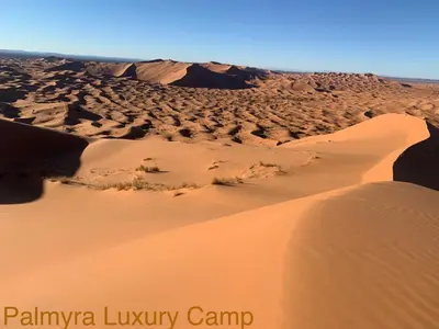 a desert with sand dunes and mountains in the background at Palmyra Luxury Camp in Merzouga