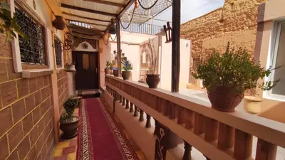 a hallway with potted plants and a black door at Guesthouse Panorama Todra in Tinerhir
