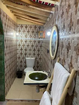 a bathroom with a green sink and a toilet at Camp Auberge Sahara Marokko in Mhamid