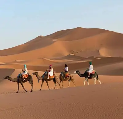 a group of people riding on camels in the desert at desert camp sahara luxury in Merzouga