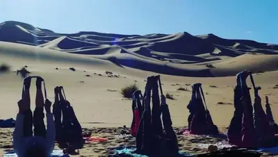 a group of umbrellas standing in the desert at desert camp sahara luxury in Merzouga