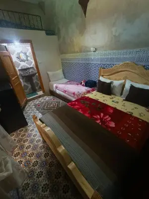 a bedroom with two beds and a fireplace at RIaD DRISSIA Panoramic in Fès