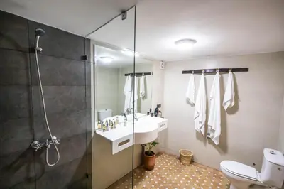a bathroom with a sink and a shower and a toilet at Riad Soultana in Fès
