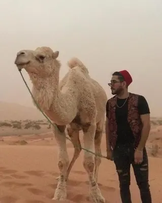 a man standing next to a camel in the desert at THE SANDY TENTS in Merzouga