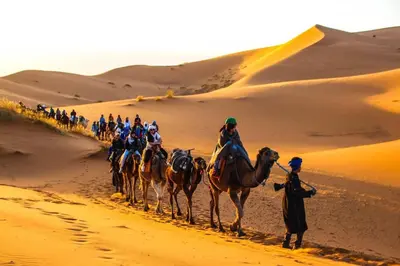 a group of people riding horses in the desert at Luxury Suerte Camp in Merzouga