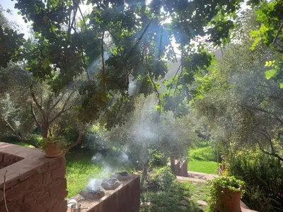 a garden with smoke coming out of a brick wall at Ourika Timalizène le jardin des délices in Tamzerdirt