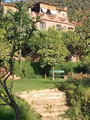 a park with a building and a bench and trees at Ourika Timalizène le jardin des délices in Tamzerdirt