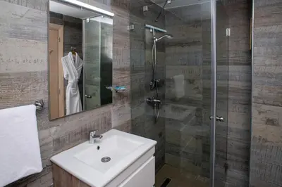 a bathroom with a sink and a shower at HOTEL DES THERMES in Tarmilet