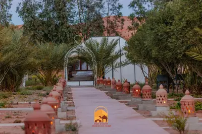 a pathway with lanterns in front of a building at Trek desert Morocco Sarl in Taouz
