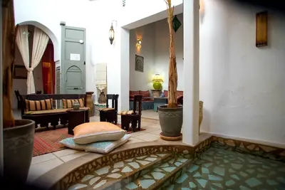 a living room with a potted tree in the middle at Riad Safir in Meknès
