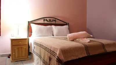 a bedroom with a bed with a pink pillow on it at Gîte Ait lmaalam chez Ahmed in Skoura