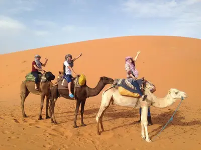 a group of people riding on camels in the desert at Desert Camel Trekking Camp in Hassilabied