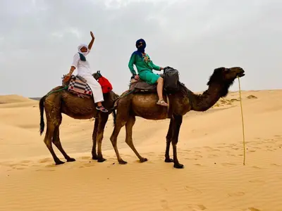 two people riding on the backs of camels in the desert at Desert Camel Trekking Camp in Hassilabied
