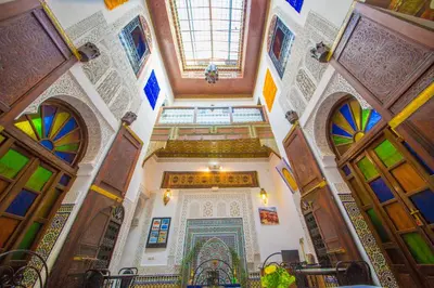 an overhead view of a mosque with colorful ceilings at Dar Lalamoune in Fès
