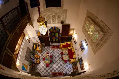 an overhead view of a living room in a house at Dar Lalamoune in Fès