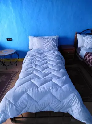 a white bed in a room with a blue wall at Riad gnaoua khamlia in Merzouga